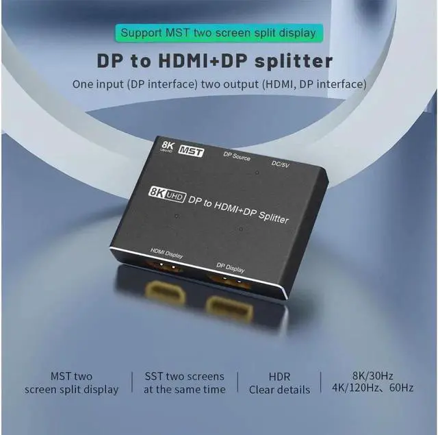 Alt view image 2 of 7 - 8K DP Splitter Displayport to HDMI-compatible + DP dual port Splitter MST SST 8K@30Hz 4K@120Hz For Laptop PC To TV Projector