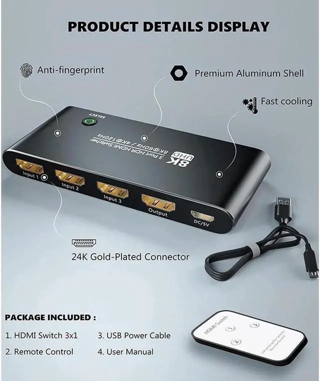 Alt view image 6 of 7 - HDMI Switch hdmi Switcher 3 in 1 Out with Remote Control, Ultra 8K HD Directional Switch 8K@60Hz 4K@120Hz High Speed 48Gbps Switch 8K hdmi Splitter ps5 Support Xbox X PS5 luminum Shel