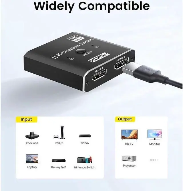 Alt view image 2 of 7 - HDMI2.1 Switch 4K 120H, 8K HDMI Switcher 2 in 1 Out Aluminum Bi-Directional Splitter 2 x 1/1 x 2 UHD 3D Compatible for Switch, PS4, Roku, HDTV, Monitor