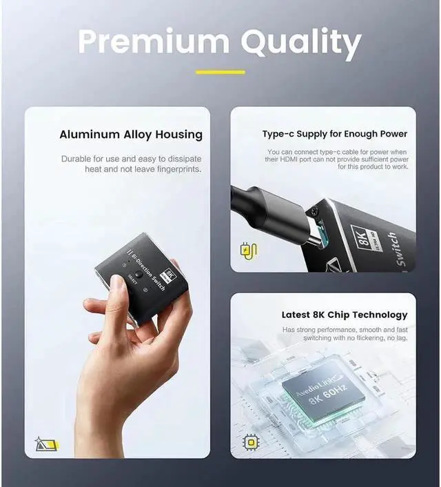 Alt view image 3 of 7 - HDMI2.1 Switch 4K 120H, 8K HDMI Switcher 2 in 1 Out Aluminum Bi-Directional Splitter 2 x 1/1 x 2 UHD 3D Compatible for Switch, PS4, Roku, HDTV, Monitor