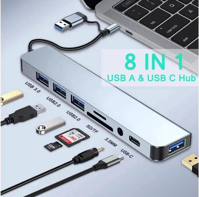 Alt view image 5 of 7 - USB C Hub, 8 in 1 USB-C Multiport Adapter with 100W Power Delivery, USB 3.0 Ports/3 x USB 2.0, SD/TF Card Reader,3.5mm Audio for MacBook Pro/Air, iMac, iPad Pro, XPS, and More PC/Laptop