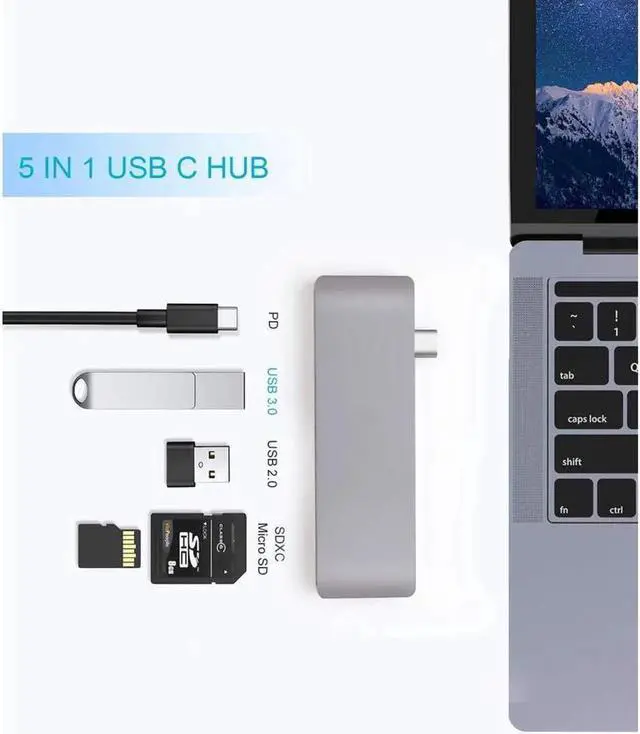 Alt view image 5 of 7 - USB C Hub,5 in 1 Type-C Adapter, USB-C Power Delivery, 2 X USB3.0 Port, SD/Micro SD Card Reader for MacBook,MacBook Pro,Phone,Laptops Other USB Type-C Devices (Gray)