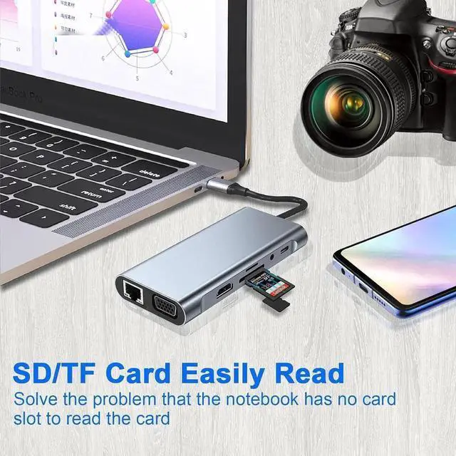 Alt view image 4 of 6 - 11 in 1 USB C Docking Station Hub , USB C to 4K HDMI, VGA, RJ45, USB 3.0, 3*USB 2.0 Ports, 100W USB-C PD, 3.5mm Aux Ports,USB Extender Hub for PC Laptop,MacBook PC iMac Pro Air, Notebook