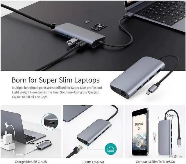 Alt view image 6 of 7 - USB 3.1 Type C HUB forType-C to USB 3.0 / 4K HDMI / RJ45 Ethernet / SD TF Card reader 8 in1 USB Type-C OTG For New Macbook-Silver