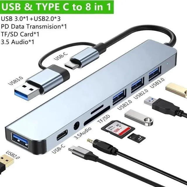 Alt view image 4 of 7 - USB C Hub USB Hub 3.0, Aluminum USB Splitter with 1 x USB 3.0, 3 x USB 2.0 and 1 x USB C, SD/TF Card Reader, 3.5mm Aux Ports for MacBook Pro Air and More PC/Laptop/Tablet Devices