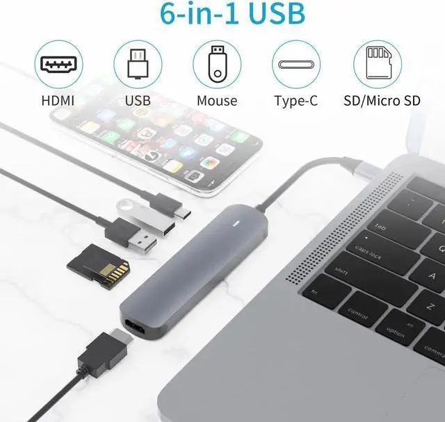 Alt view image 7 of 7 - USB C Hub,Jansicotek 6-In-1 Type C Hub with 4K USB C to HDMI, USB 3.0Ports, USB 2.0 Port, SD/TF Card Reader, USB-C Power Delivery, Portable for Mac Pro and Other Type C Laptops