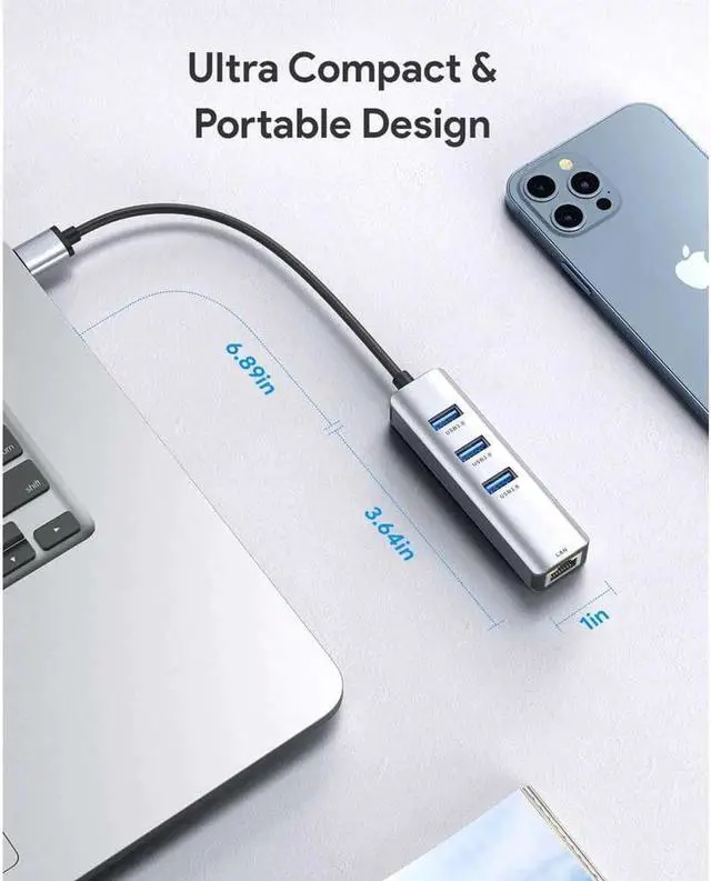 Alt view image 5 of 7 - USB 3.0 to Ethernet Adapter, Aluminum USB-A Hub with 3 USB 3.0 Ports, USB3.0 to RJ45 Gigabit Ethernet LAN Network Adapter Multiport for MacBook Pro/Air, USB Laptop and PC
