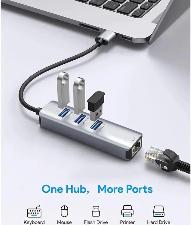 Alt view image 4 of 7 - USB 3.0 to Ethernet Adapter, Aluminum USB-A Hub with 3 USB 3.0 Ports, USB3.0 to RJ45 Gigabit Ethernet LAN Network Adapter Multiport for MacBook Pro/Air, USB Laptop and PC
