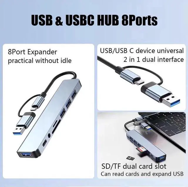 Alt view image 2 of 7 - USB C & USB Hub, 8 in 1 USB Adapter,USB C Splitter with 4*USB-A Ports, TF/SD Card Reader, USB-C,3.5mm Aux Ports Adapter for Laptop and PC Computer