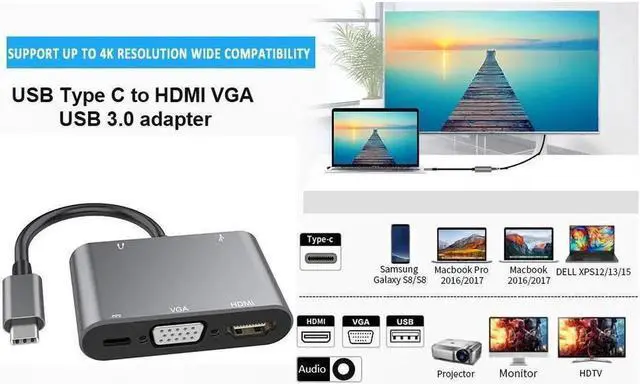 Alt view image 7 of 7 - USB C to HDMI VGA Adapter, 5-in-1 Type-c Hub with 4K HDMI,1080P VGA,USB 3.0, 3.5mm Audio Port, 60W USB C PD Charging Compatible for MacBook Pro/iPad Pro 2018/ Samsung Galaxy/Dell XPS
