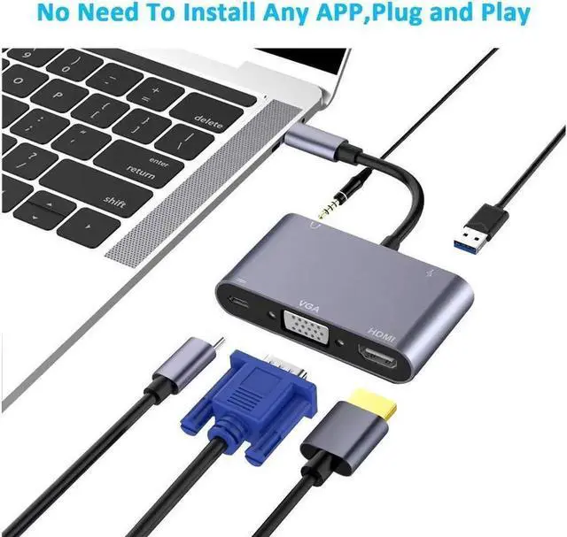 Alt view image 3 of 7 - USB C to HDMI VGA Adapter, 5-in-1 Type-c Hub with 4K HDMI,1080P VGA,USB 3.0, 3.5mm Audio Port, 60W USB C PD Charging Compatible for MacBook Pro/iPad Pro 2018/ Samsung Galaxy/Dell XPS