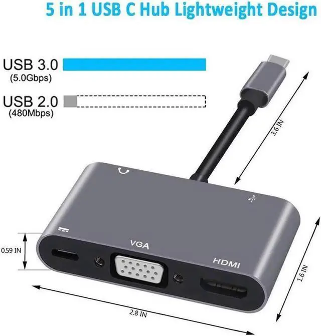 Alt view image 4 of 7 - USB C to HDMI VGA Adapter, 5-in-1 Type-c Hub with 4K HDMI,1080P VGA,USB 3.0, 3.5mm Audio Port, 60W USB C PD Charging Compatible for MacBook Pro/iPad Pro 2018/ Samsung Galaxy/Dell XPS
