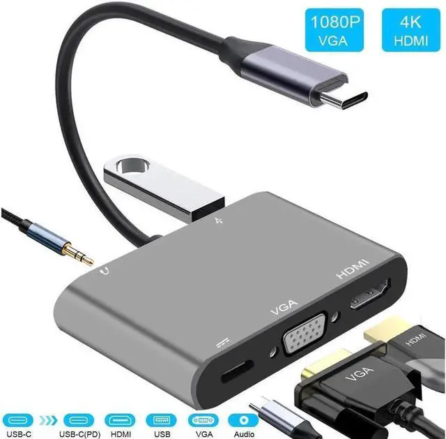 Main image of USB C to HDMI VGA Adapter, 5-in-1 Type-c Hub with 4K HDMI,1080P VGA,USB 3.0, 3.5mm Audio Port, 60W USB C PD Charging Compatible for MacBook Pro/iPad Pro 2018/ Samsung Galaxy/Dell XPS