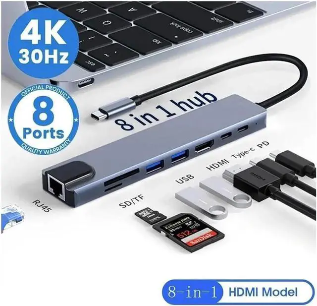 Main image of 8 in 1 USB Hub USB C Hub Expand Multiport USB Splitter with 4K HDMI Ethernet 100W Power Delivery USB 3.0&2.0, TF/SD Card Reader for MacBook Pro Air, iPad Laptop, Phones and More Devices