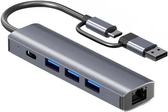 Main image of 2-in-1 USB-C USB 3.0 to Ethernet Hub Adapter Portable 5 in 1 Multiport Hub with 1 Gigabit RJ45 Ethernet Port 1xUSB C Ports and 3xUSB 3.0 Ports for MacBook Pro/Air 2022/2021, iMac, iPad