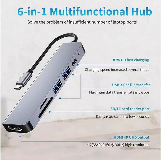 Alt view image 4 of 7 - USB Hub, 6 in 1 Docking Station Multiport Adapter Expand 4K Display,2×USB 3.0 Port,1×Multi-Function USB C 3.1 Port Support 60W PD Charging,SD/TF Card Reader for MacBook Pro iPad Pro XPS