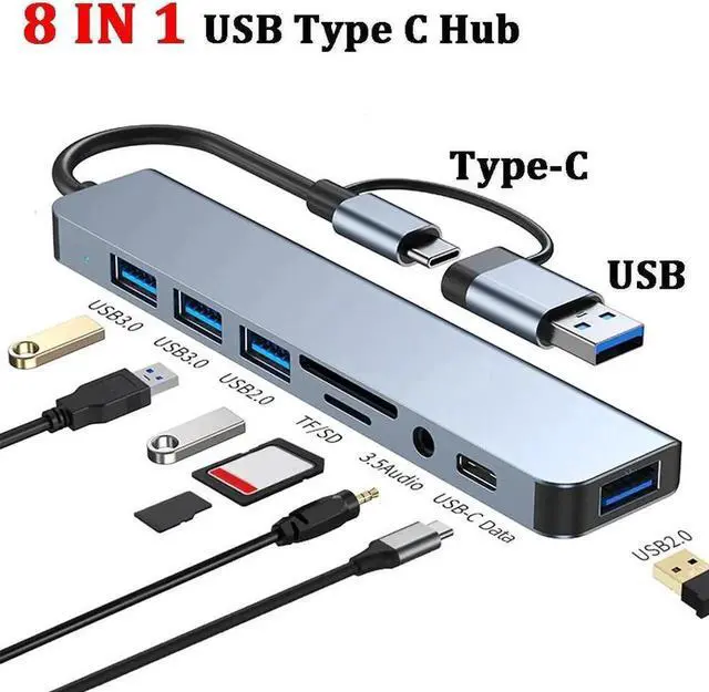 Alt view image 3 of 7 - 8 In 1 USB C Hub Speed 5.0Gbps Multiport Type C Adapter USB 3.0/2.0 Ports 3.5-mm Jack SD/TF Card Reader for All Type C Laptops