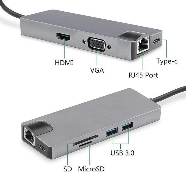Alt view image 7 of 7 - 8 in 1 USB HUB Type-C to RJ45 Lan HDMI VGA Adapter Aluminum Slloy USB 3.0 HUB Card Reader Converter Cable for Macbook MateBook