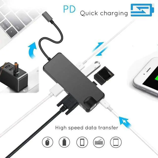 Alt view image 5 of 7 - 8 in 1 USB HUB Type-C to RJ45 Lan HDMI VGA Adapter Aluminum Slloy USB 3.0 HUB Card Reader Converter Cable for Macbook MateBook
