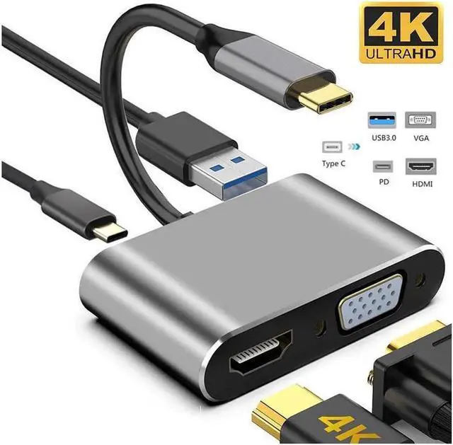 Alt view image 3 of 7 - USB C to HDMI VGA Adapter 4-in-1 Type-c Hub with USB 3.0 Charging Power PD Port Compatible for MacBook Pro/iPad Pro 2018/ Samsung Galaxy/Dell XPS-Gray