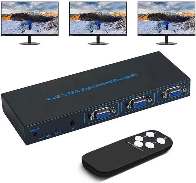 Main image of VGA Splitter,4 in 3 Out (Just mirror or duplicate, not extend) ,1920x1440 HD Video Splitter,Plug and Play,4x3 VGA Switch Video Selector Switcher Box,for Laptop Projector TV