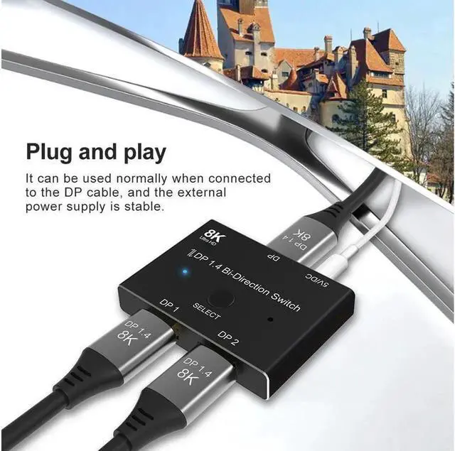 Alt view image 7 of 7 - New 8K Displayport to Displayport-compatible splitter DP Splitter 8K@60Hz 4K@120Hz 32.4Gbps for (DP HD) dual port simultaneous displays( 2X1 Or 1x2)