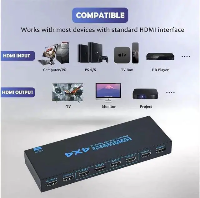 Alt view image 3 of 7 - 4K@30Hz 4x4 HDMI Matrix Switch, HDMI 1.4 Matrix Switch 4 in 4 Out, 4K HDMI Switcher Splitter Scaler with Remote, Support 4K@30Hz 3D 10.2Gbps, HDMI 1.4, 1080P@60Hz, 3D, YUV 4:2:0