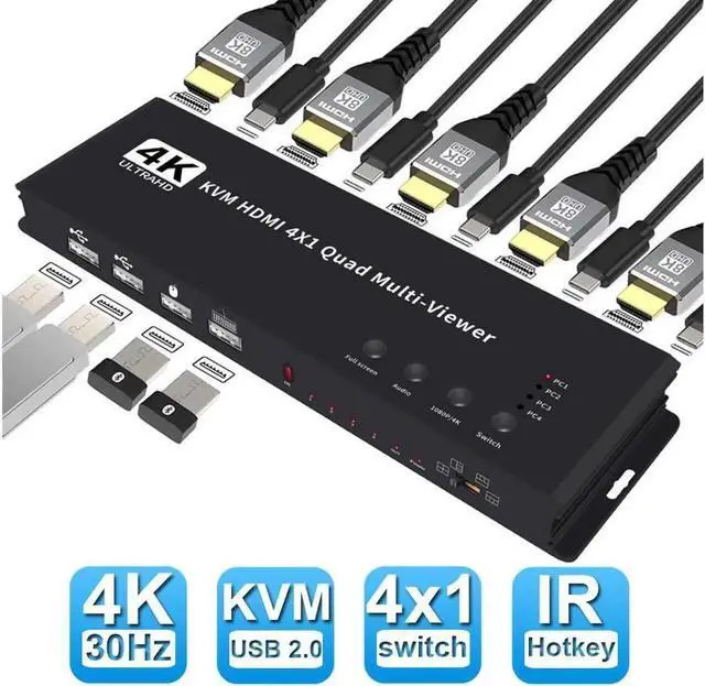 Main image of HDMI KVM Multi-Switcher 4X1 HDMI Quad Multi-Viewer 4 in 1 Out HDMI Switcher 4K@30Hz HDMI Seamless IR Control 3D Support 5 Modes for Engineer, Exhibition Hall, Video Meeting, Surveillance