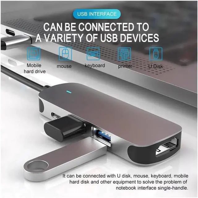 Alt view image 4 of 7 - USB Type C Docking Station, 4-in-1 USB Type C Hub, 3.0 USB C to 4K HDMI Dongle Adapter, 5 GBPS Power Delivery,5Gbps USB-3.0 Data Ports,USB2.0 Ports for Laptop/MacBook Pro Air