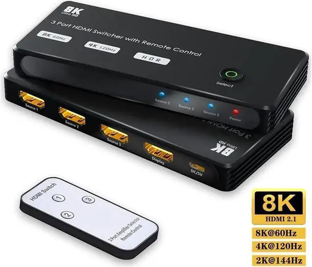 Main image of HDMI 2.1 Directional 3in 1out Switch with IR Remote, 8K 60Hz 4K 120Hz Switcher Adapter 3 in 1 Out Converter Splitte For PC TV PS4 Xbox PS5 Projectors