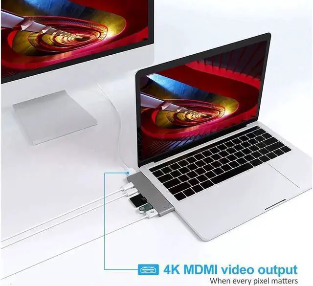 Alt view image 4 of 7 - Dual USB C Hub Adapter,7-in-2 Aluminum Type-C Pro with Thunderbolt 3(40Gbs),HDMI 4K,USB-C Data,Micro/SD Card Readers,2 x USB 3.0 - Compatible with 2016/2017/2018 MacBook Pro - Silver