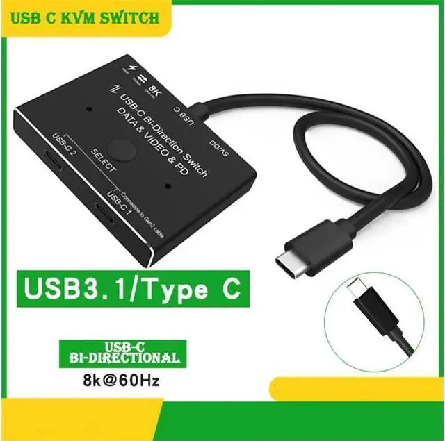 Alt view image 5 of 6 - USB-C Switch 2 in 1 Out/1 in 2 Out Upgrade Version KVM Switch Converter Support Video Data PD 8K@30hz 100W 10Gbps Compatible with Thunderbolt Device, Black
