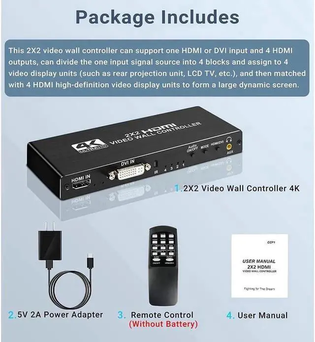 Alt view image 4 of 7 - 1 in 4 Out HDMI Video Wall Controller 2x2 4K HDMI Video Image Processor1 HDMI Input 4 HDMI Output, 8 Modes,2x2, 1x1, 1x2, 1x3, 1x4, 4x1, 3x1, 2x1, Support 180º Rotation
