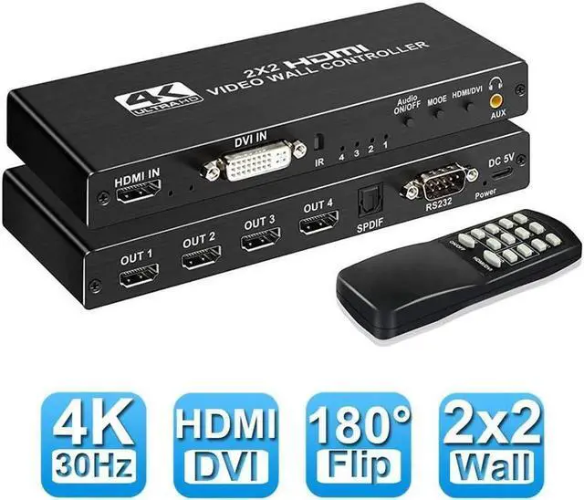 Main image of 2x2 HDMI Video Wall Controller, 1080P@60Hz HDMI DVI TV Wall Processor, 4K HDMI Video Image Processor, HDMI & DVI Input with RS232, 180 Degree Rotate, Support 2x2 1x2 1x3 1x4 2X1 3x1 4x1