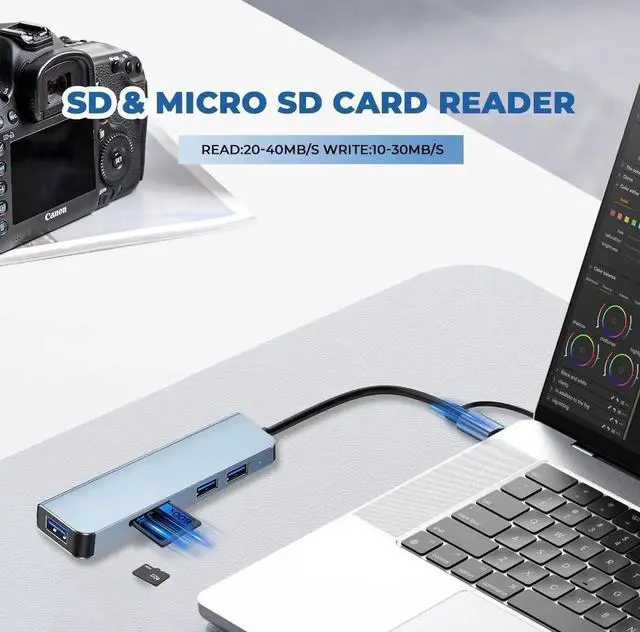 Alt view image 5 of 7 - USB Hub 5 Ports, Multiple USB 3.0 Hub, USB A&USB-C Splitter for Laptop with TF/SD Card Reader, USB Extender for Laptop, Windows, Linux, Acer PC and More