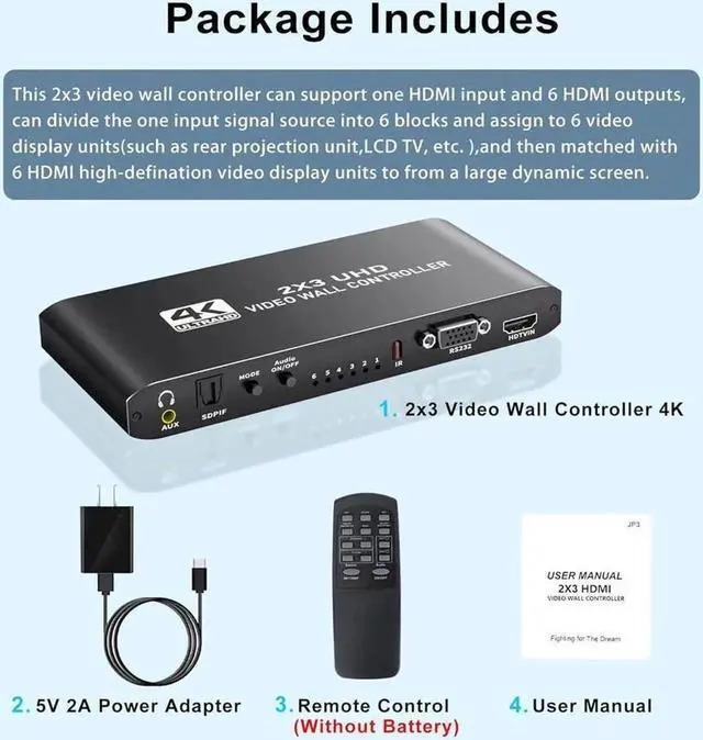 Alt view image 2 of 7 - 1 in 6 Out HDMI Video Wall Controller 2x3, 4K HDMI Video Image Processor,1 HDMI Input 6 HDMI Output 14 Modes,1x1 1x2 1x3 1x4 1x5 1x6 2x1 2x2 2x3 3x1 3x2 4x1 5x1 6x1 Support 180º Rotation