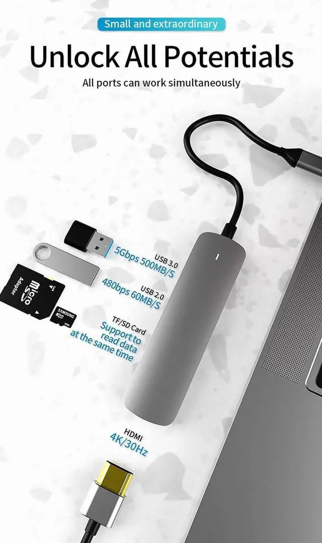 Alt view image 4 of 7 - USB C Hub,USB C Dongle for MacBook Pro/Air&USB-C Laptop,5 in1 USB C to HDMI Multiport Adapter Compatible for USB C Laptops Nintendo and More Type C Devices(4KHDMI USB3.0/2.0SD/TF Card Reader)