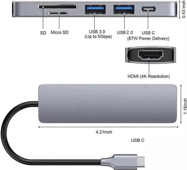 Alt view image 3 of 7 - USB C Hub, USB Hub to HDMI Multiport USB C Dongle Adapter 6 in 1 with 4K HDMI Output, USB A 3.0&2.0Ports,SD/Micro SD Card Reader,100W PD,Compatible with MacBook Pro Air and More Type C