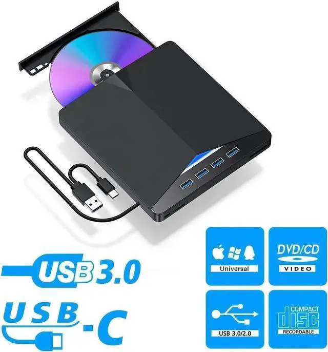 Main image of External DVD Drive USB 3.0 Type-C CD DVD +/-RW Optical Drive USB C Burner Slim CD/DVD ROM Rewriter Writer Reader Portable with4 USB3.0 Ports and TF SD Card Slots for PC Laptop Desktop MacBook