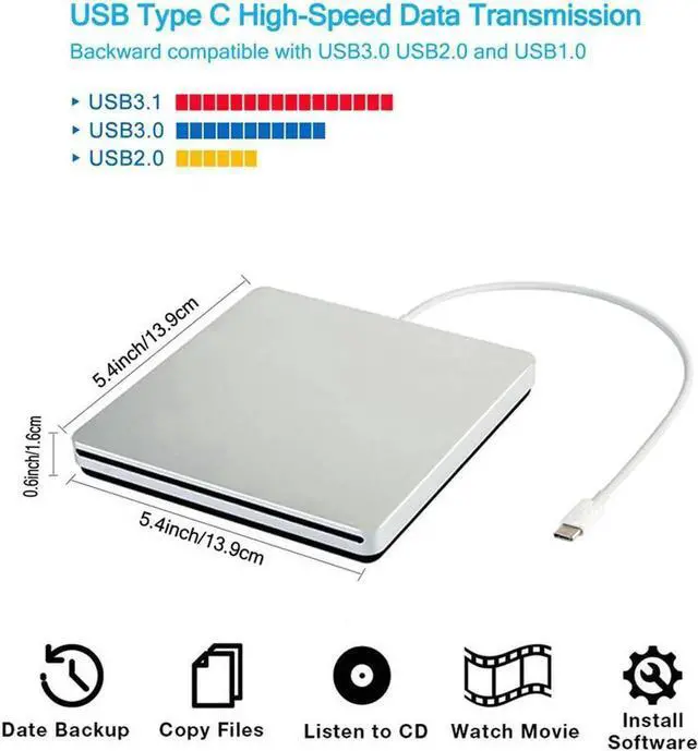 Alt view image 2 of 7 - External CD/DVD Drive for Laptop, USB-C/USB3.0 Portable DVD CD+/-RW Drive Slim DVD/CD ROM Rewriter Burner Writer, High Speed Data