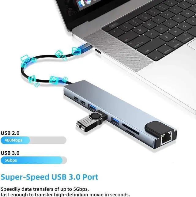 Alt view image 5 of 7 - USB C Hub, 8-In-1 Type C Hub with Ethernet Port, 4K USB C to HDMI,USB3.0/USB2.0 Ports, SD/TF Card Reader, USB-C Power Delivery, Type-C Data Port Portable for Mac Pro and Other Type C Laptops
