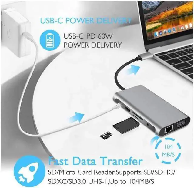 Alt view image 3 of 7 - USB C HUB to HDMI Dock 10 in 1 Thunderbolt 3 Type C Adapter USB 3.0 Port 4K HDMI 1080P VGA RJ45 Gigabit Ethernet For Macbook Pro