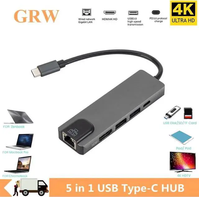 Main image of 5 in 1 USB C Hub to HDMI-compatible Gigabit Ethernet Rj45 Adapter for Macbook Pro iPad Pro 11 12.9 2018 Thunderbolt 3 Type c Hub