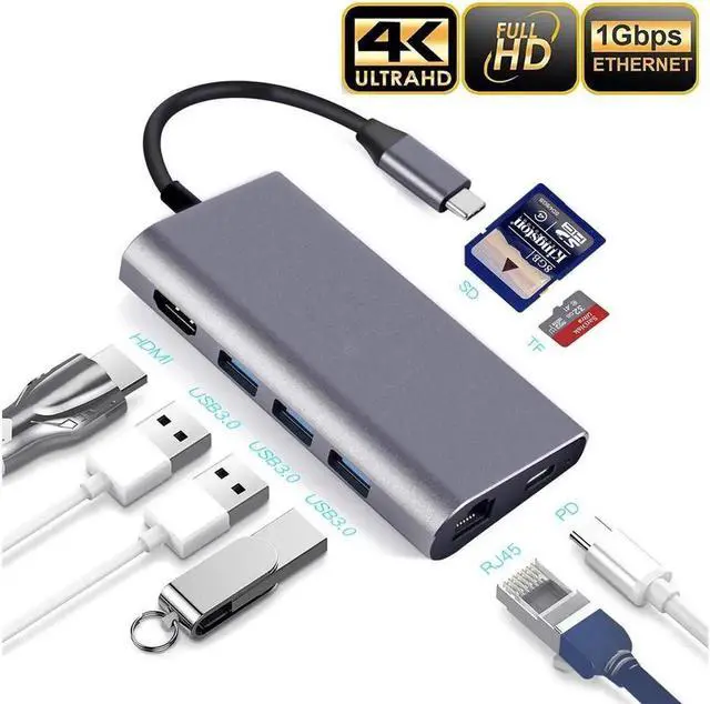 Main image of USB C Multiport Adapter with 1000Mrj45 Gigabit Ethernet Port 4K HDMI Output 2 USB3.0 Ports USB C PD Charging Port Hub 5 in 1 Type C Network Adapter for MacBook Pro TypeC Windows Laptops