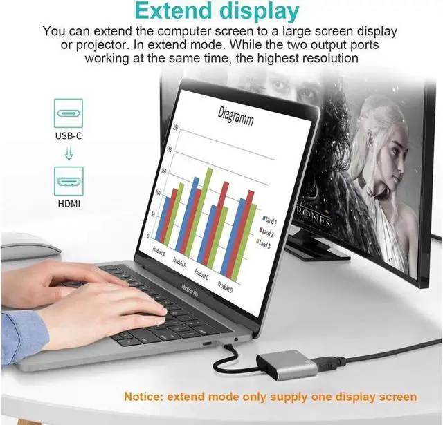 Alt view image 3 of 6 - USB-C to HDMI VGA Adapter USB Type C (Thunderbolt 3 Compatible) to VGA HDMI 4K Cable Adapter Supports 2 Displays Simultaneously on Mirror Mode for Surface Book 2, Galaxy Note 9 S9