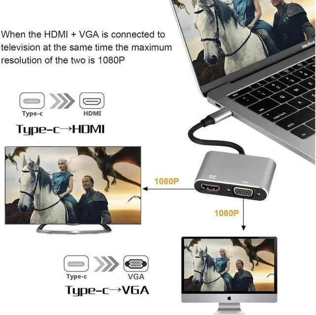Alt view image 4 of 6 - USB-C to HDMI VGA Adapter USB Type C (Thunderbolt 3 Compatible) to VGA HDMI 4K Cable Adapter Supports 2 Displays Simultaneously on Mirror Mode for Surface Book 2, Galaxy Note 9 S9