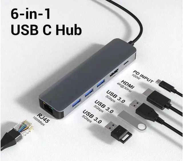Main image of USB C to Ethernet Adapter, 6 in 1 USB C Multiport Hub with Rj45 1000 Mbps, 3 x USB 3.0 Ports, 100W PD, 1Gbps LAN, 4K HDMI Video Output Compatible with MacBook Air/Pro,iMac, iPad Pro