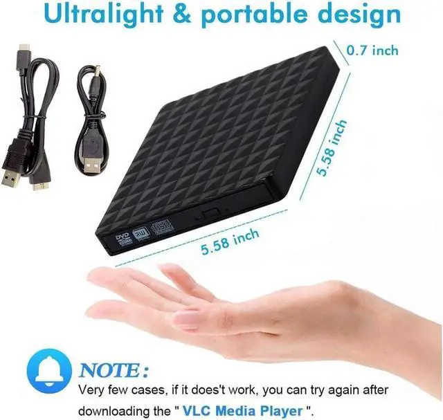 Alt view image 2 of 7 - Diamond Pattern External DVD/CD Drive, USB 3.0 Type-C External DVD CD ROM Burner, Portable DVD Player, CD RW Optical Drive, Compatible with Laptop Desktop PC Windows Linux OS