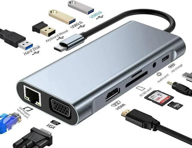 Main image of USB Hub 11 Ports, Multiple USB-C Splitter Hub for Laptop with 4K HDMI, VGA, RJ45, USB 3.0, 3*USB 2.0 Ports, 100W USB-C PD, 3.5mm Aux Ports for Laptop, Windows, Linux, PC and More