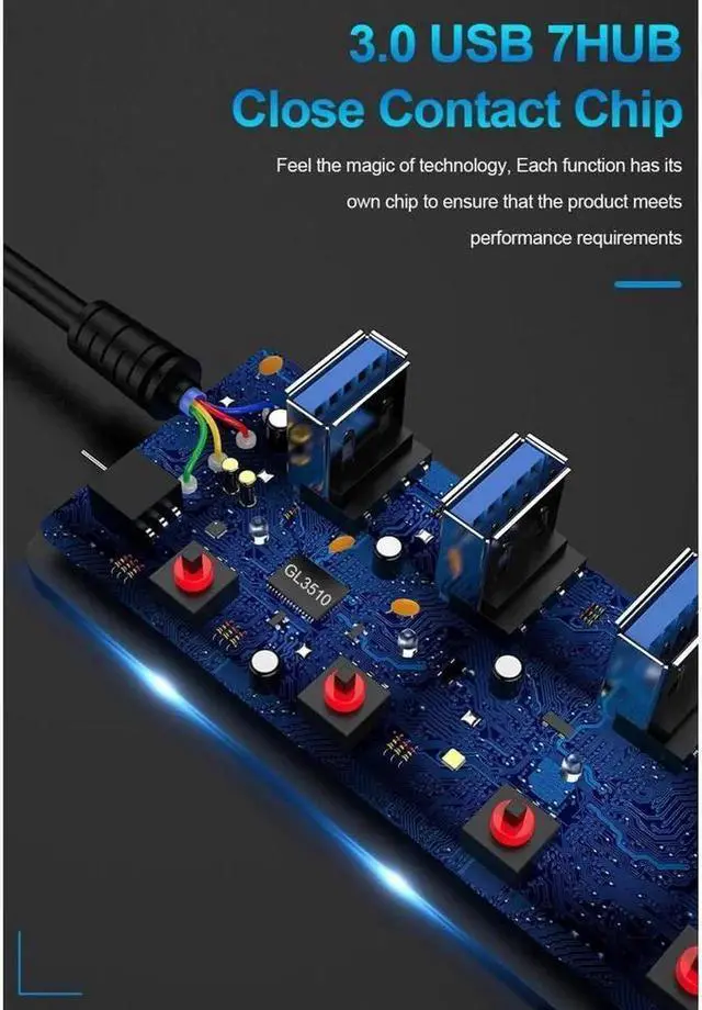 Alt view image 2 of 7 - Powered USB Hub, 7-Port USB 3.0 Hub Splitter (7 USB 3.0 Data Ports with 4 Smart Charging ) with Individual LED On/Off Switches, USB Hub 3.0 Powered with 24W AC Adapter for Mac, PC